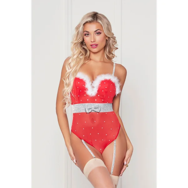 Rhinestone Studded Mesh Teddy With Marabou Trim - Small - Red