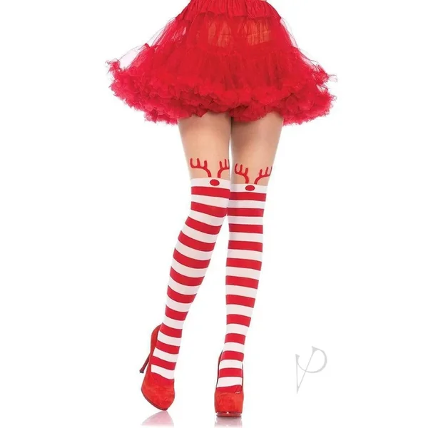 Rudolph Reindeer Stripe Thigh High Stockings Os Red/wht
