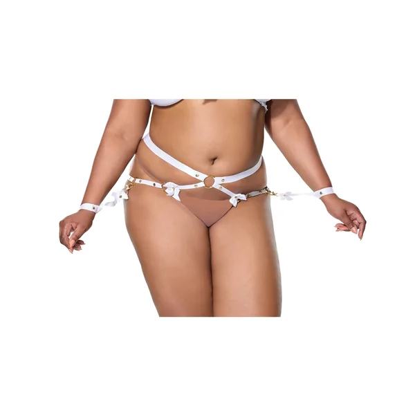 Satin Ribbon w/Elastic Harness & Cuffs Set - White/Gold QN