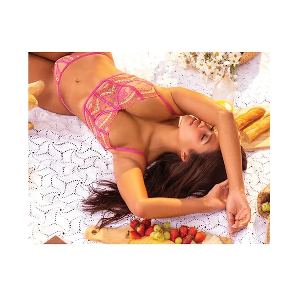 Scallop Lace and Mesh Lace-Up Underwire Bralette w/Thong 2 pc Set – Pink XL