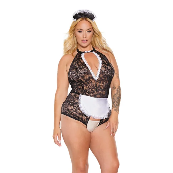 Scallop Stretch Lace Crotchless Maid Teddy W/headpiece Black/white Os/xl