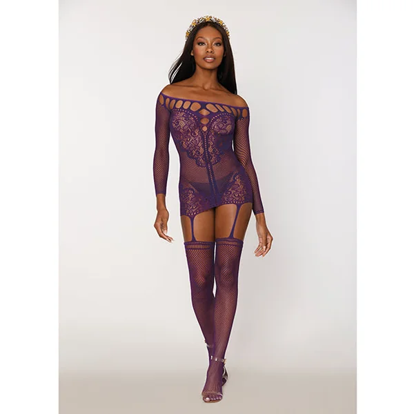 Scalloped Lace and Fishnet Garter Dress w/Attached Stockings - Purple O/S