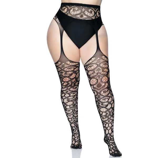 Scroll Lace Stocking With Attached Garter Belt - 1x/2x - Black