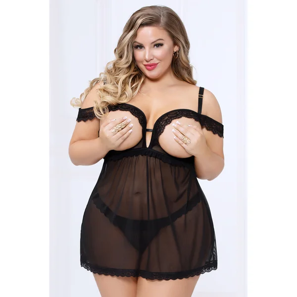 Seven til Midnight – Babydoll Open Cup Lace Trim – Black – Queen