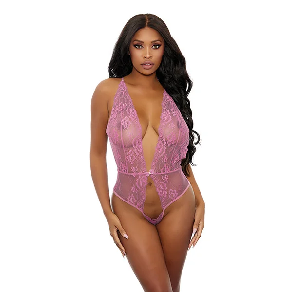 Sheer Lace Open Teddy Pink O/s