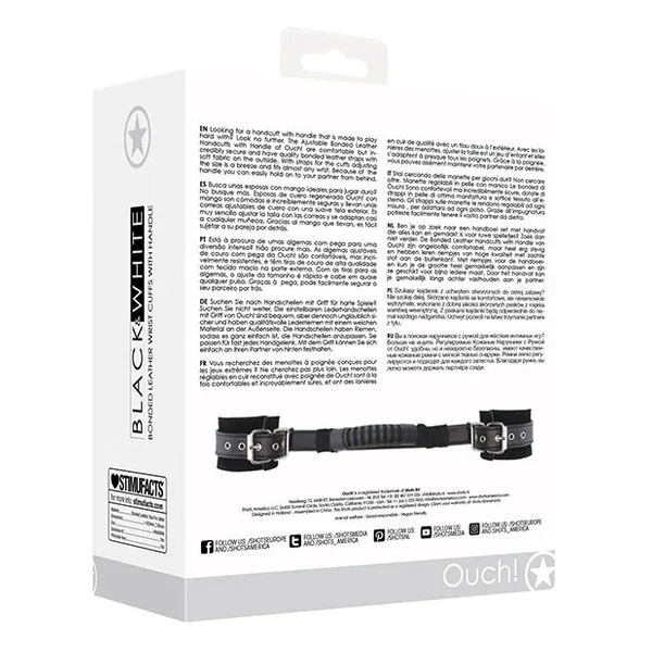 Shots Ouch Black & White Bonded Leather Hand Cuffs w/Handle – Black