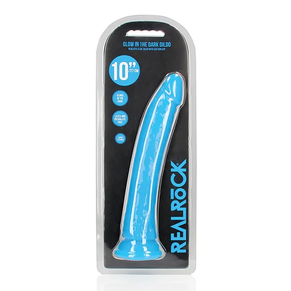 Shots Realrock 11" Slim Dildo Glow In The Dark - Neon Blue