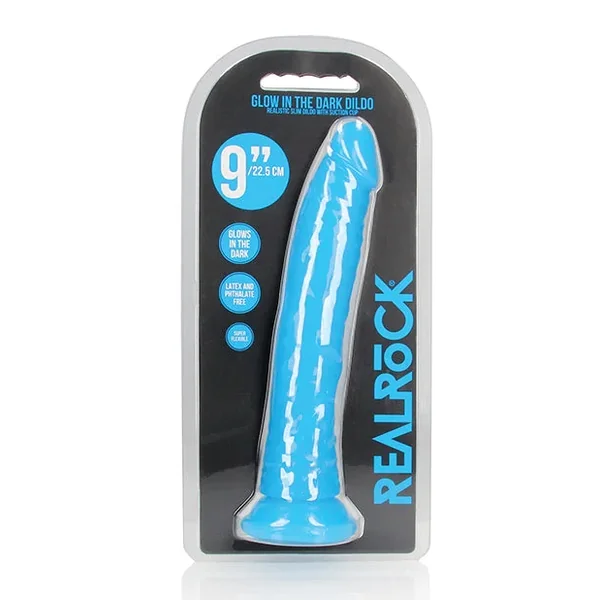 Shots RealRock 9″ Slim Dildo Glow in the Dark – Neon Blue