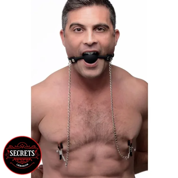 Silicone Ball Gag With Chained Nipple Clips
