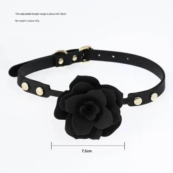 Silicone Rose Ball Gag with Adjustable PU Leather Strap - Playful Adult Novelty(black)