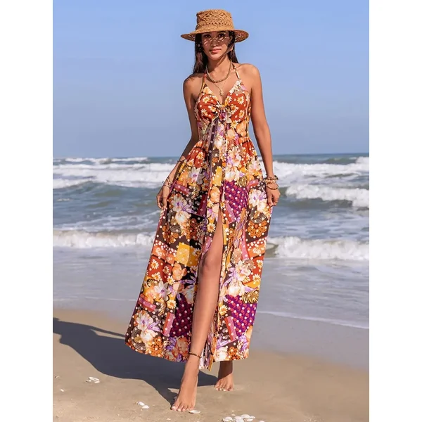 Slit Printed Halter Neck Cami Dress