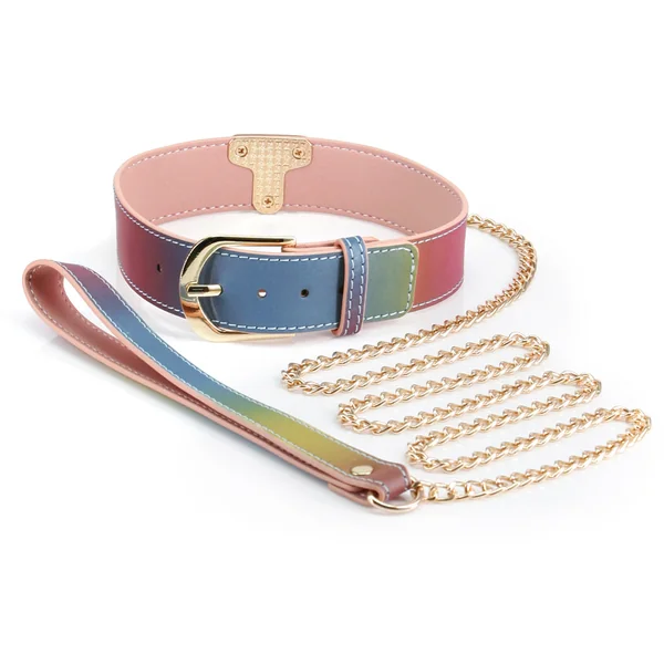 Spectra Bondage Rainbow Faux Leather Collar & Chain Leash