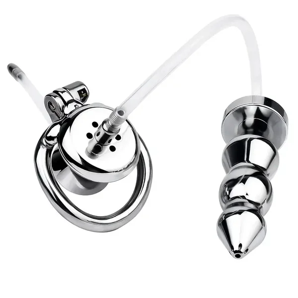 Stainless Steel Inverted Chastity Cage With Silicone Urethral Catheter Butt Plug