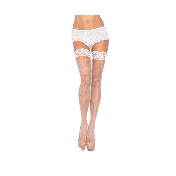 Stay Up Fishnet Lace Top Thigh Highs - One Size - White