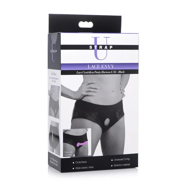 Strap U Lace Envy Black Crotchless Panty Harness - L/XL