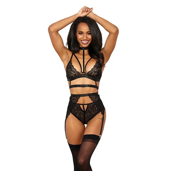 Stretch Lace w/Satin Elastic Bra, Garter Belt & G-String Panty Black XXL