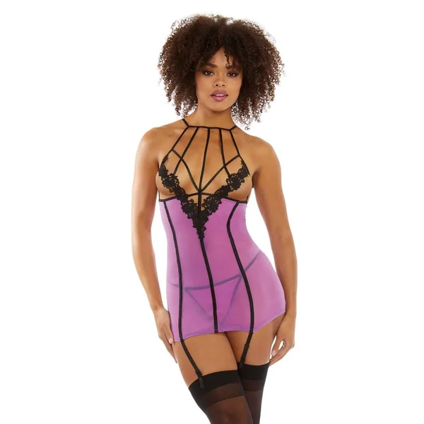 STRETCH MESH GARTER SLIP W/ CONTRAST VENISE TRIM IRIS O/S