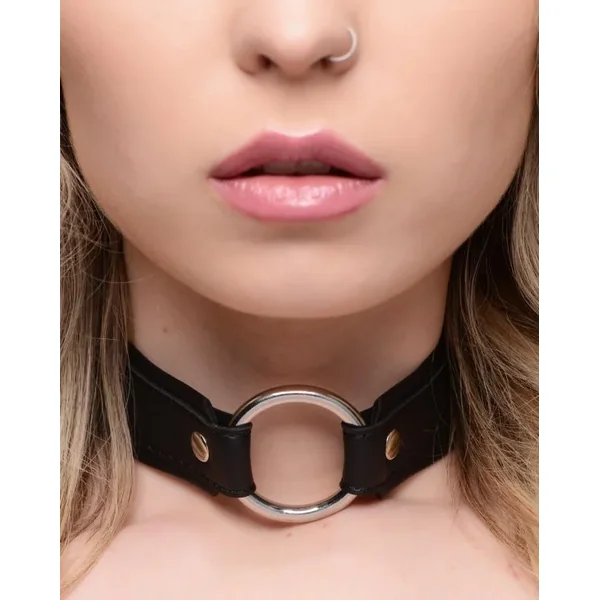 Strict Bondage Adjustable Leather O-Ring Sex Collar – Black