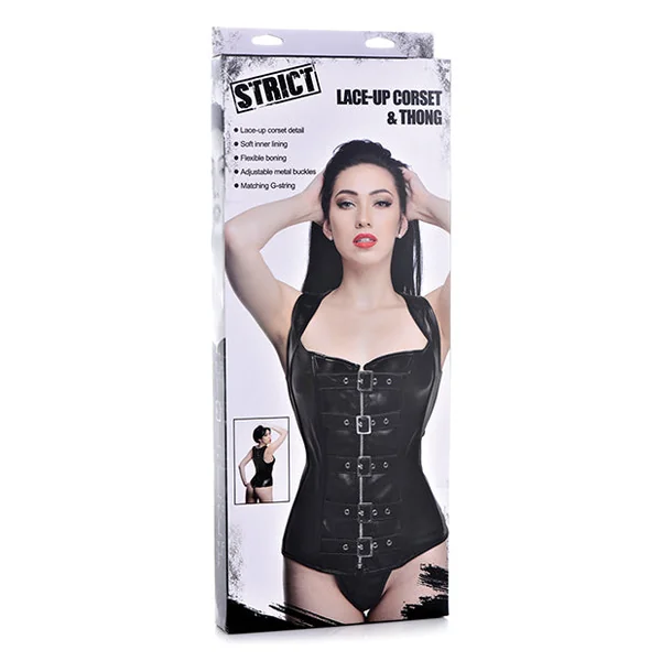Strict Lace-up Corset Vest W/thong Black