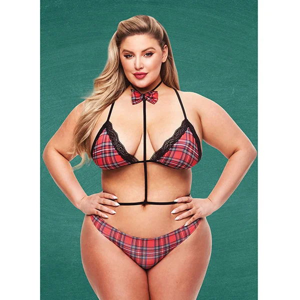 Teacher's Pet Baddie Schoolgirl Top W/bow Tie & Panty Red/black Qn