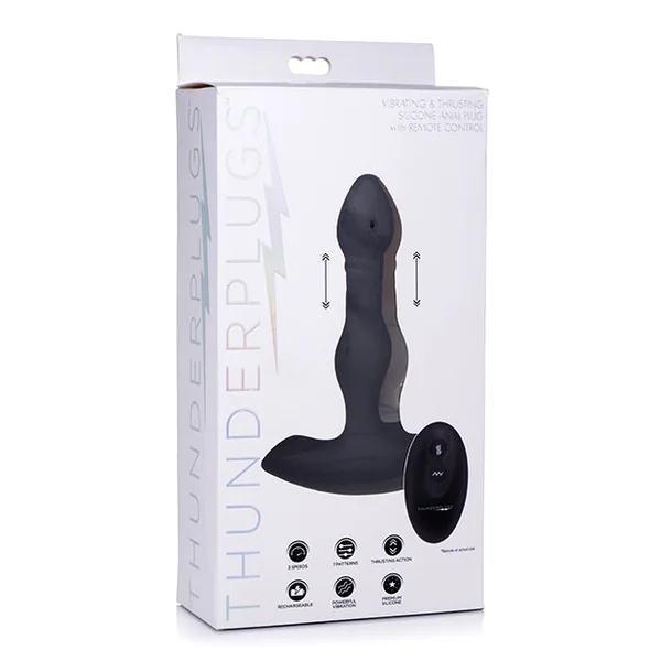 ThunderPlugs Silicone Vibrating & Thrusting Plug w/Remote - Black