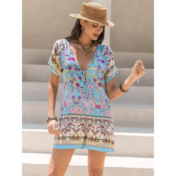 Tied Front Printed Short Sleeve Romper