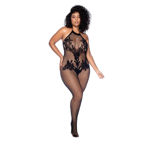 Vino Noir Floral Fishnet Bodystocking Plus - O/sx - Black
