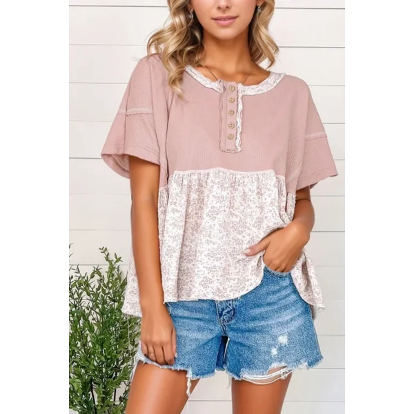 Waffle Floral Patchwork Exposed Seam Detail Short Sleeve Top