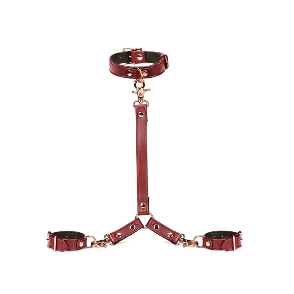 Wine Red Collection Leather Collar & Wrist Restraints Harness