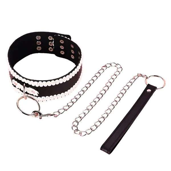 ZYL Lace Applique Faux Leather Collar & Chain Leash